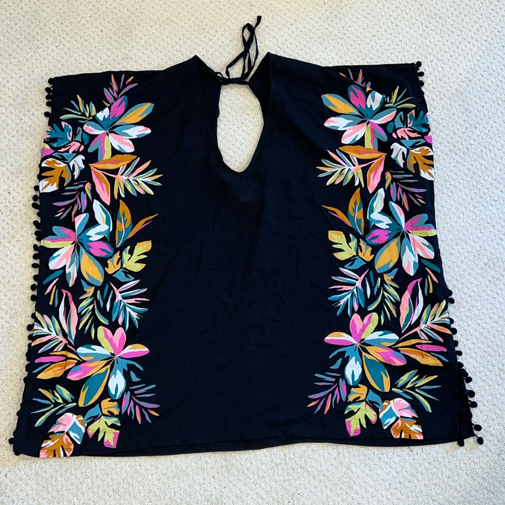 Target xhilaration black floral tropical cover-up Pom poms fringe large